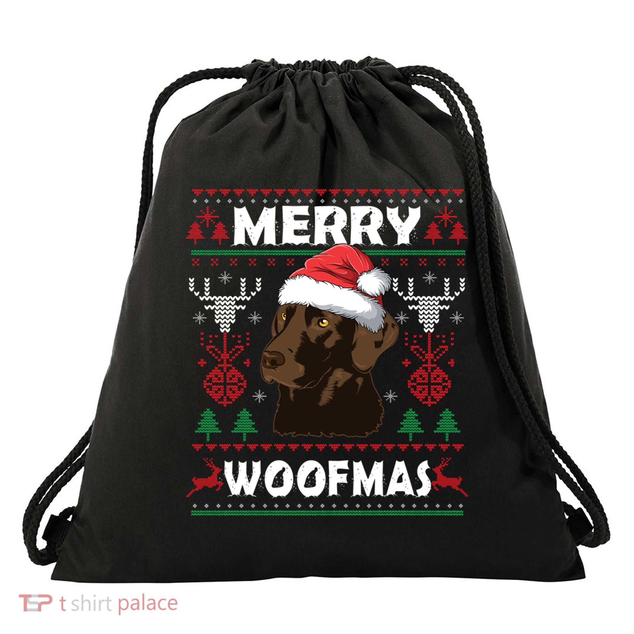 Merry Woofmas Chocolate Lab Santa Claus Dog Christmas Gift Drawstring Bag