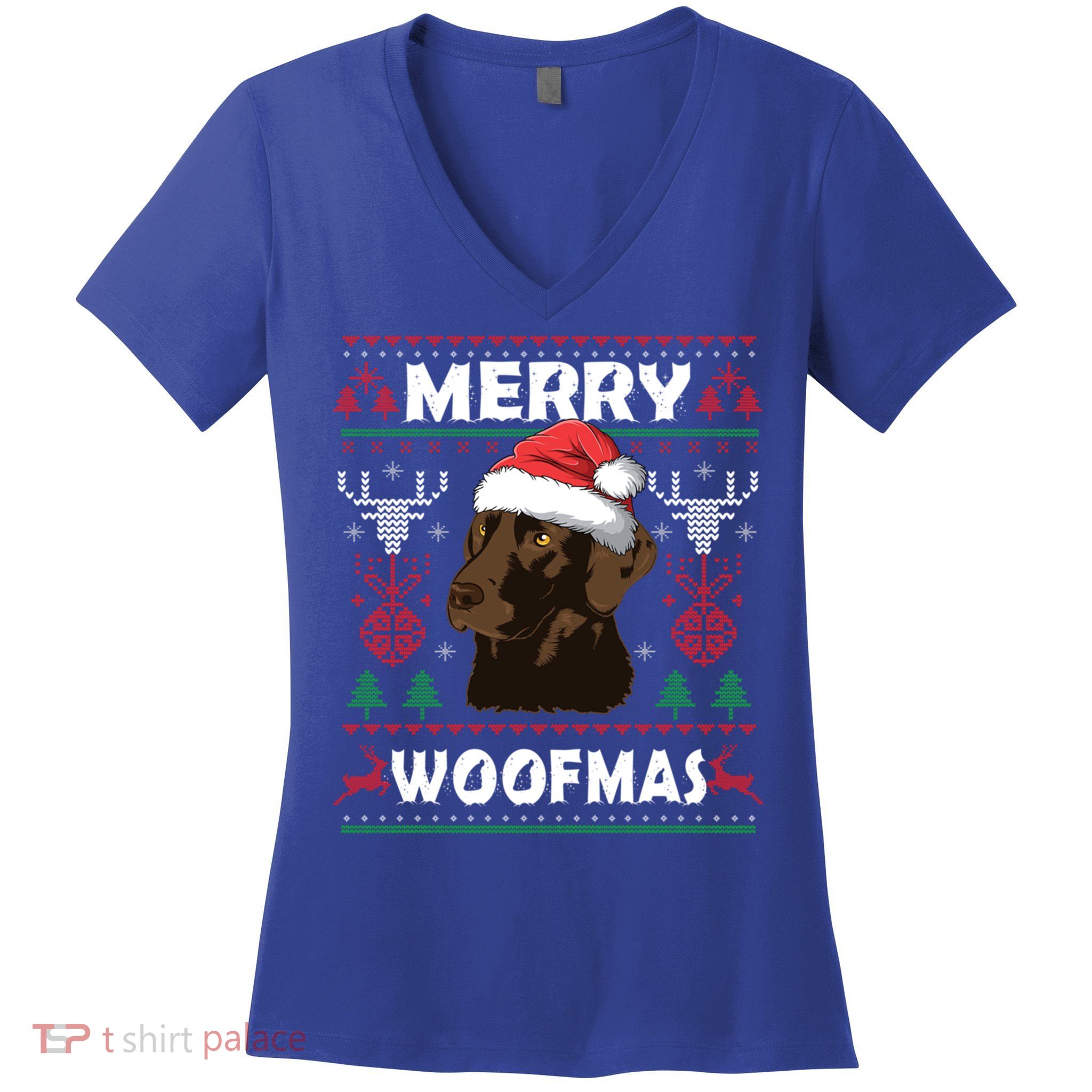 Merry Woofmas Chocolate Lab Santa Claus Dog Christmas Gift Women's V-Neck T-Shirt
