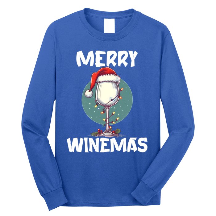 Merry Winemas Christmas Wine Glass Santa Claus Hat Funny Gift Long Sleeve Shirt