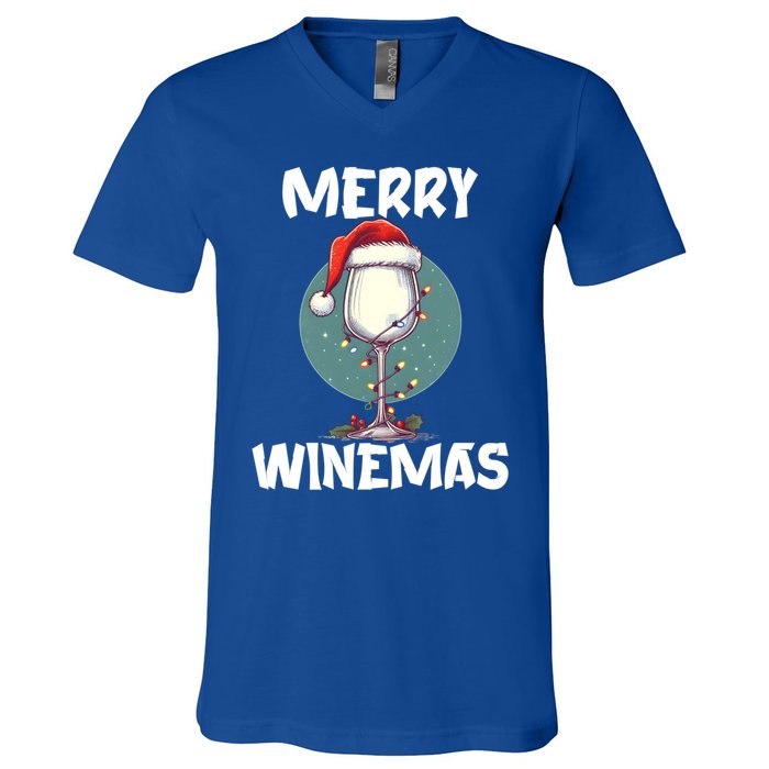 Merry Winemas Christmas Wine Glass Santa Claus Hat Funny Gift V-Neck T-Shirt