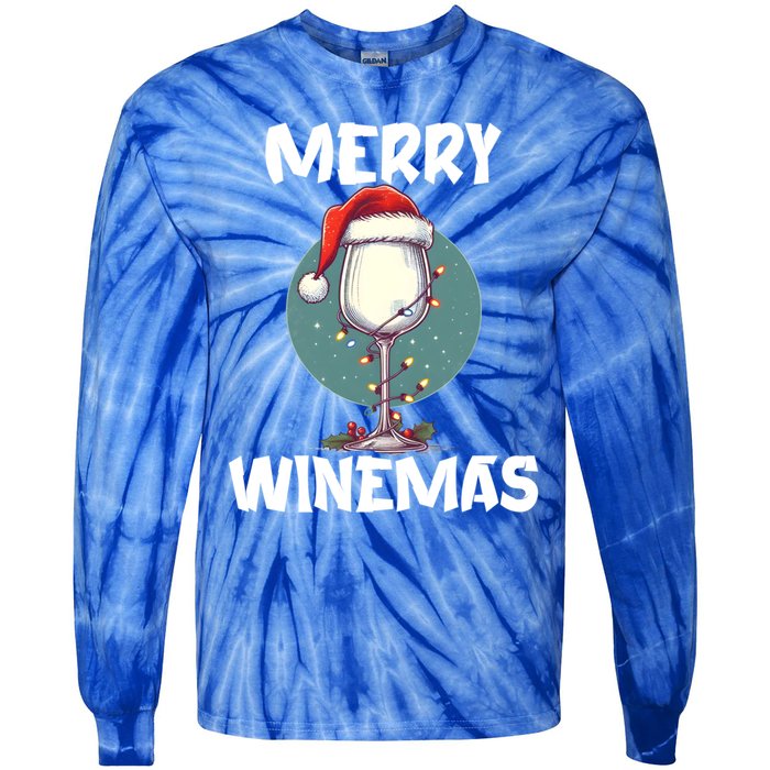 Merry Winemas Christmas Wine Glass Santa Claus Hat Funny Gift Tie-Dye Long Sleeve Shirt