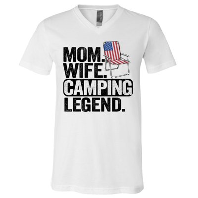 Mom Wife Camping Legend Camper American Flag Camping Gift V-Neck T-Shirt