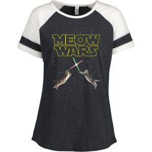 Meow Wars, Cat Wars, Funny Cat, Cat Lover Enza Ladies Jersey Colorblock Tee