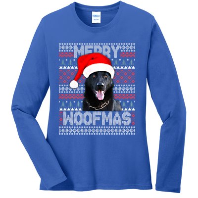 Merry Woofmas Cute Black Ger Shepherd With Santa Hat Great Gift Ladies Long Sleeve Shirt