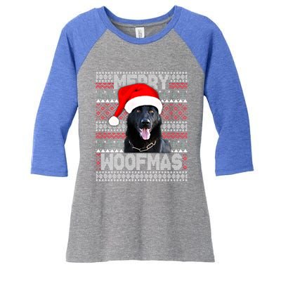 Merry Woofmas Cute Black Ger Shepherd With Santa Hat Great Gift Women's Tri-Blend 3/4-Sleeve Raglan Shirt