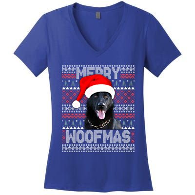 Merry Woofmas Cute Black Ger Shepherd With Santa Hat Great Gift Women's V-Neck T-Shirt