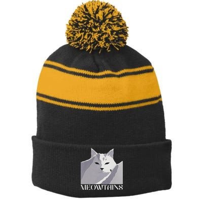 Meowtains Winter Cat Art Snow Skiing On Cat Mountain Stripe Pom Pom Beanie
