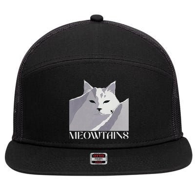 Meowtains Winter Cat Art Snow Skiing On Cat Mountain 7 Panel Mesh Trucker Snapback Hat