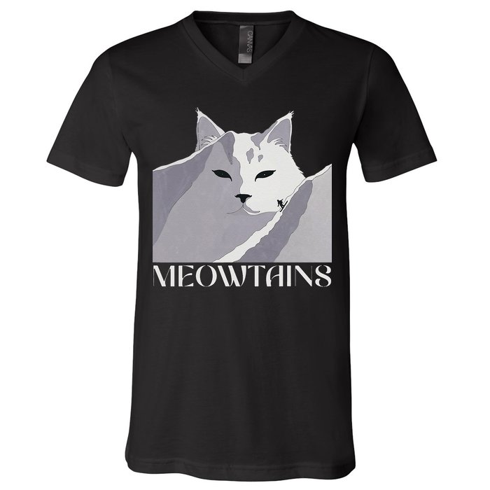 Meowtains Winter Cat Art Snow Skiing On Cat Mountain V-Neck T-Shirt