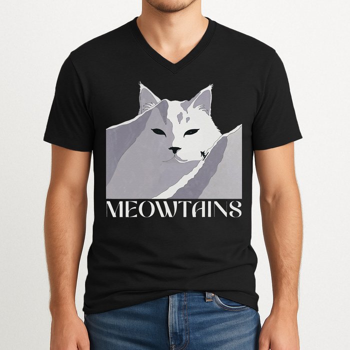 Meowtains Winter Cat Art Snow Skiing On Cat Mountain V-Neck T-Shirt