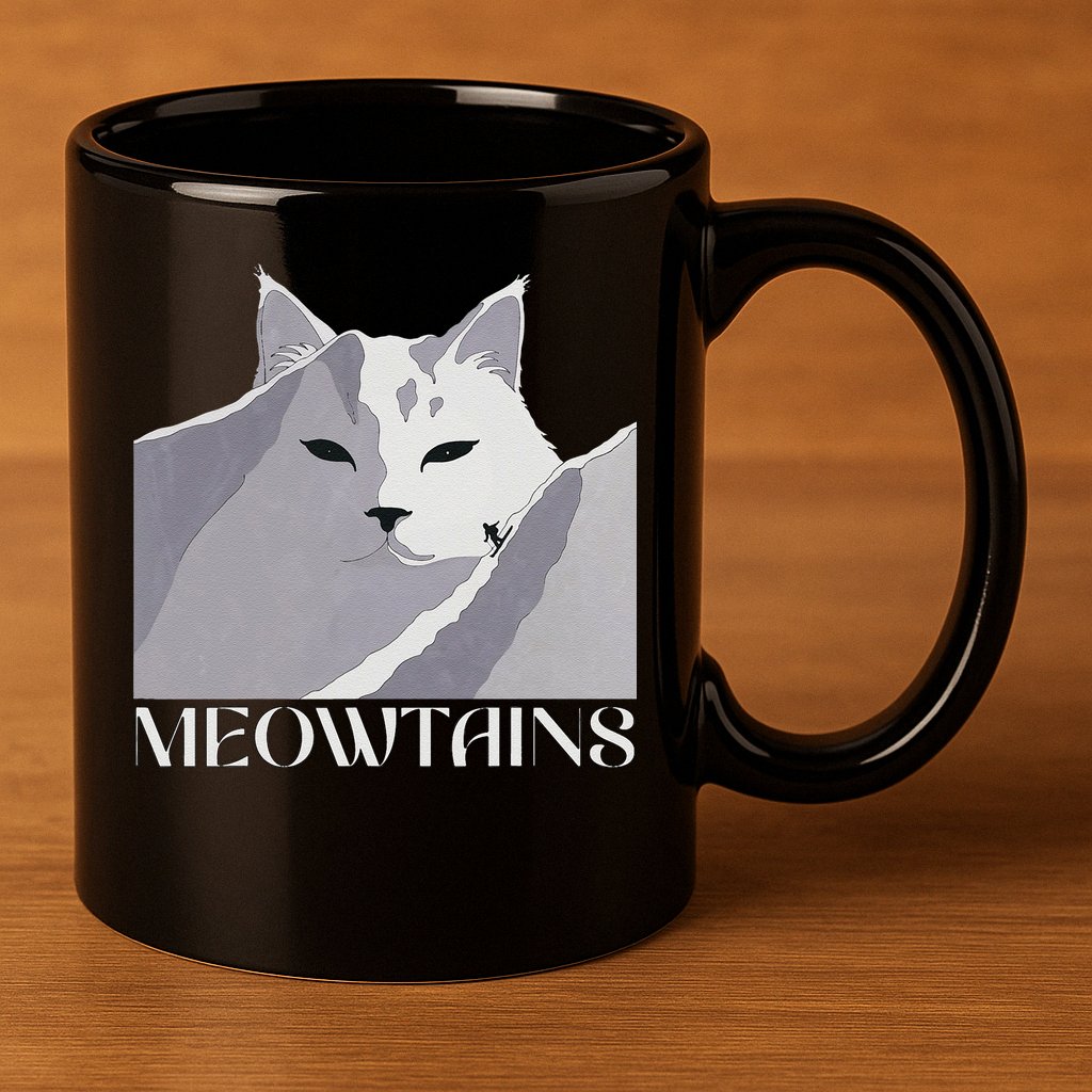 Meowtains Winter Cat Art Snow Skiing On Cat Mountain 11oz C Handle Ceramic Mug