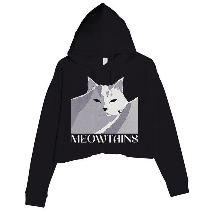 Meowtains Winter Cat Art Snow Skiing On Cat Mountain Crop Fleece Hoodie