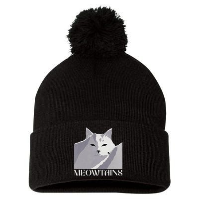 Meowtains Winter Cat Art Snow Skiing On Cat Mountain Pom Pom 12in Knit Beanie