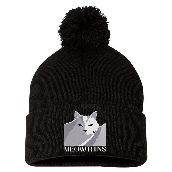 Meowtains Winter Cat Art Snow Skiing On Cat Mountain Pom Pom 12in Knit Beanie