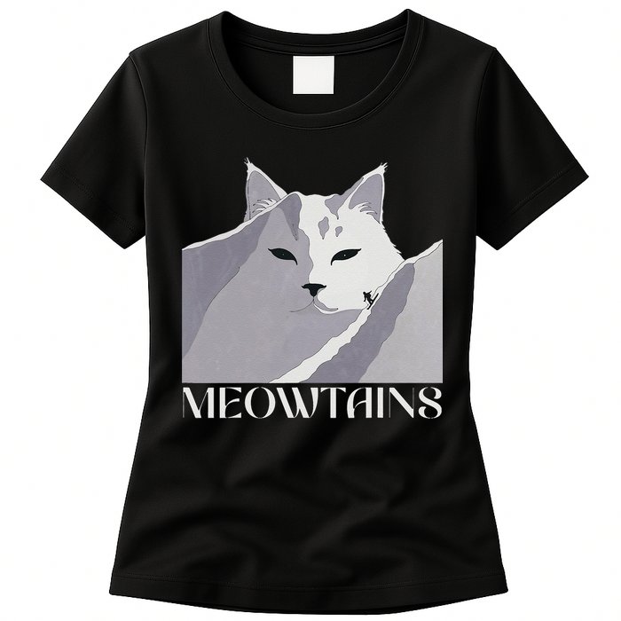 Meowtains Winter Cat Art Snow Skiing On Cat Mountain Womens T-Shirt