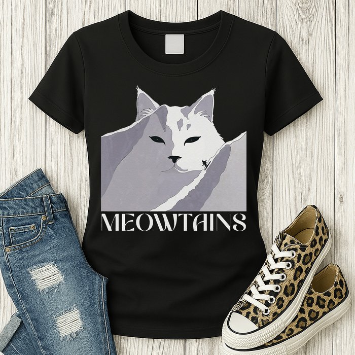 Meowtains Winter Cat Art Snow Skiing On Cat Mountain Womens T-Shirt