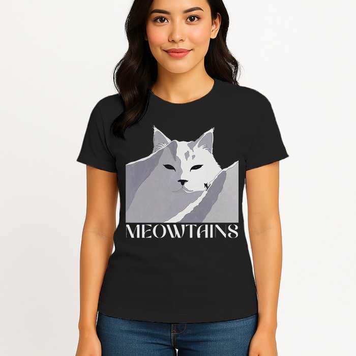 Meowtains Winter Cat Art Snow Skiing On Cat Mountain Womens T-Shirt