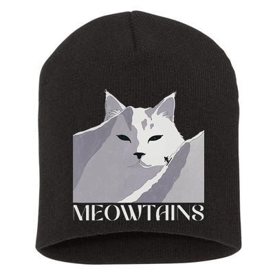 Meowtains Winter Cat Art Snow Skiing On Cat Mountain Short Acrylic Beanie