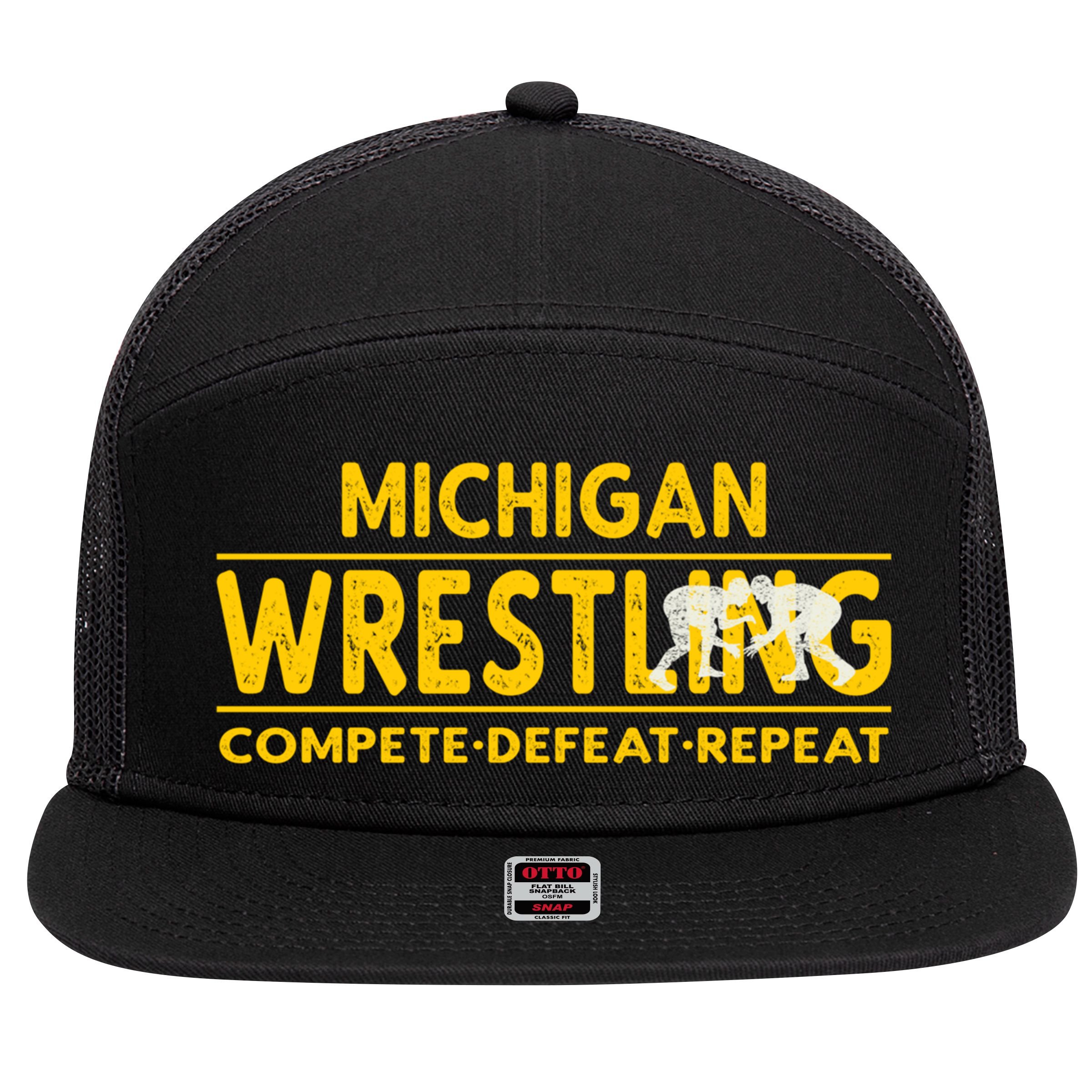 Michigan Wrestling Compete Defeat Repeat Gift 7 Panel Mesh Trucker Snapback Hat