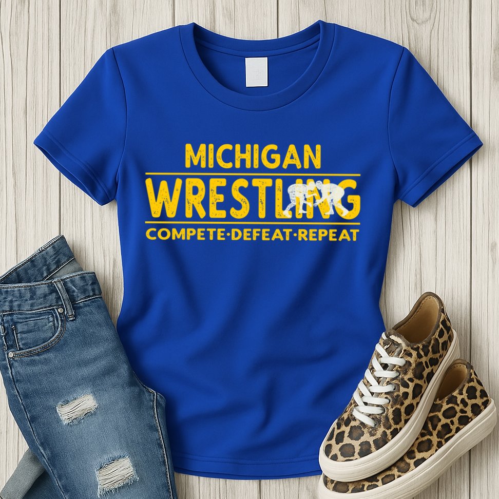 Michigan Wrestling Compete Defeat Repeat Gift Womens T-Shirt