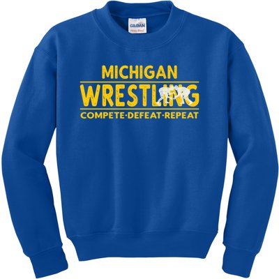 Michigan Wrestling Compete Defeat Repeat Gift Kids Sweatshirt