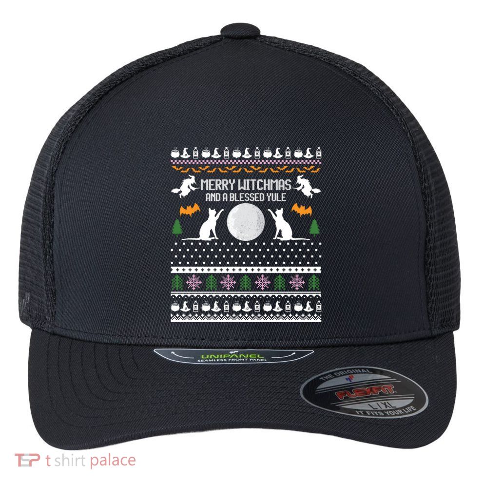 Merry Witchmas Cat Ugly Christmas Sweaters Gift Flexfit Unipanel Trucker Cap