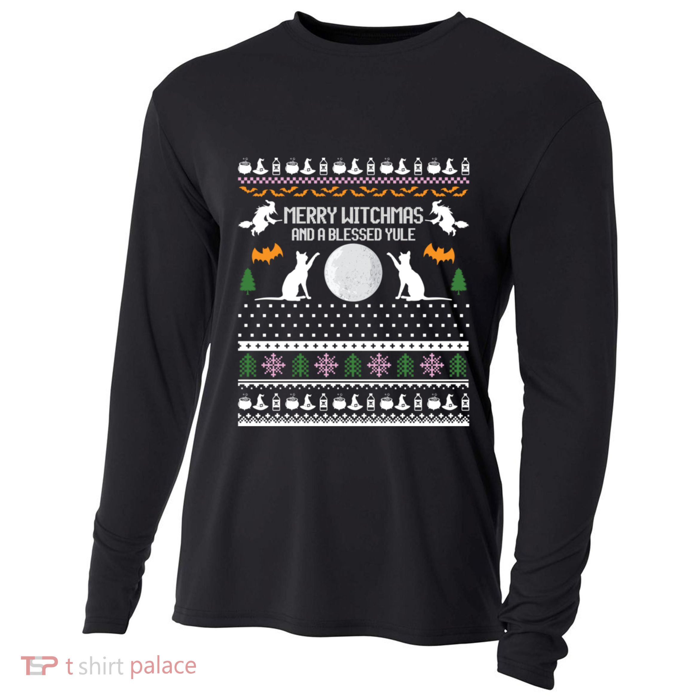 Merry Witchmas Cat Ugly Christmas Sweaters Gift Cooling Performance Long Sleeve Crew