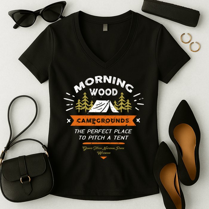 Morning Wood Campgrounds The Perfect Place To Pitch A Tent Women's V-Neck T-Shirt