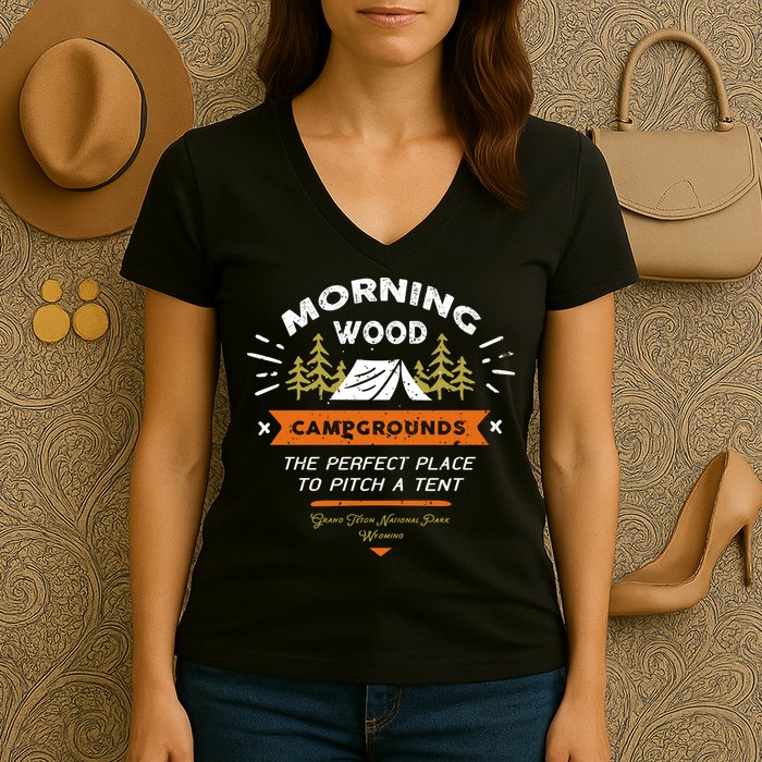 Morning Wood Campgrounds The Perfect Place To Pitch A Tent Women's V-Neck T-Shirt