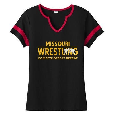 Missouri Wrestling Compete Defeat Repeat Ladies Halftime Notch Neck Tee