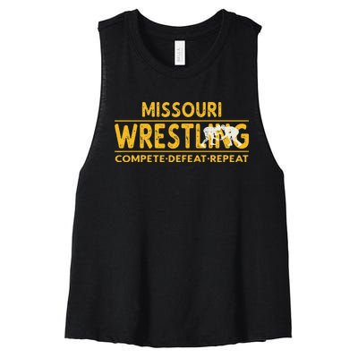 Missouri Wrestling Compete Defeat Repeat Women's Racerback Cropped Tank