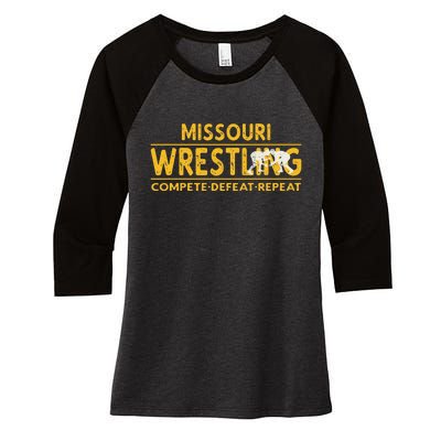 Missouri Wrestling Compete Defeat Repeat Women's Tri-Blend 3/4-Sleeve Raglan Shirt