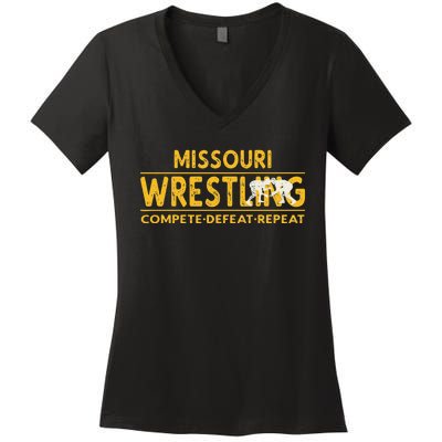 Missouri Wrestling Compete Defeat Repeat Women's V-Neck T-Shirt