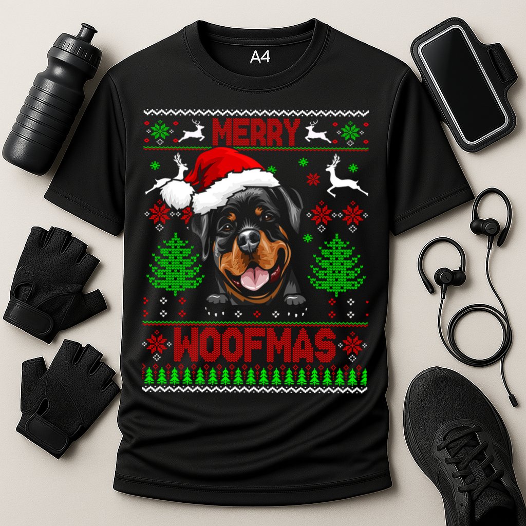 Merry Woofmas Christmas Santa Rottweiler Sweater Gift Cooling Performance Crew T-Shirt