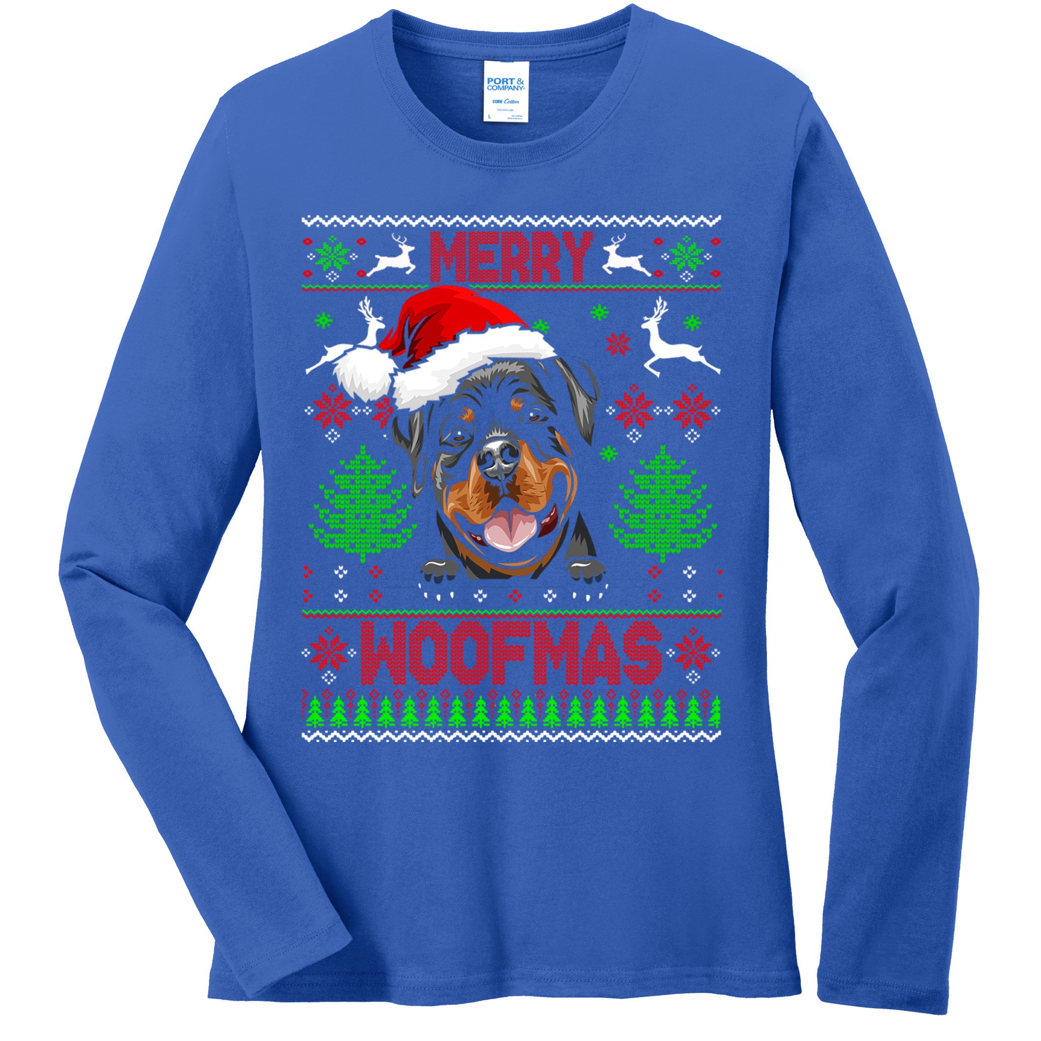 Merry Woofmas Christmas Santa Rottweiler Sweater Gift Ladies Long Sleeve Shirt
