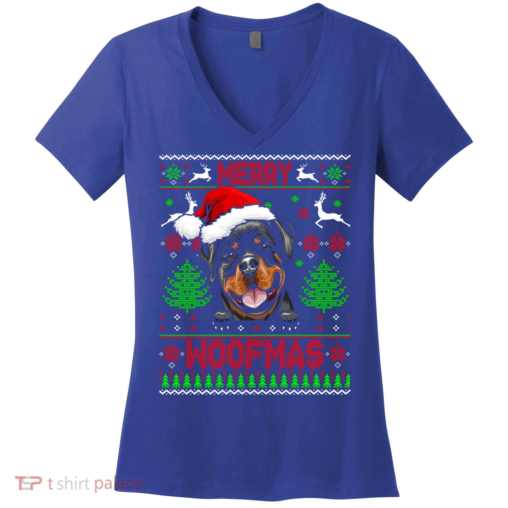Merry Woofmas Christmas Santa Rottweiler Sweater Gift Women's V-Neck T-Shirt
