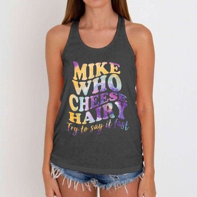 Mike who cheese hairy funny memeadultsocial media joke Women's Knotted Racerback Tank
