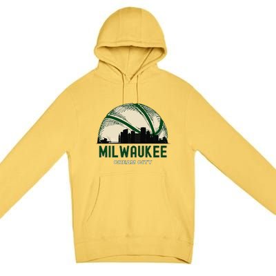 Milwaukee Wisconsin Cream City Skyline Retro Basketball Premium Pullover Hoodie