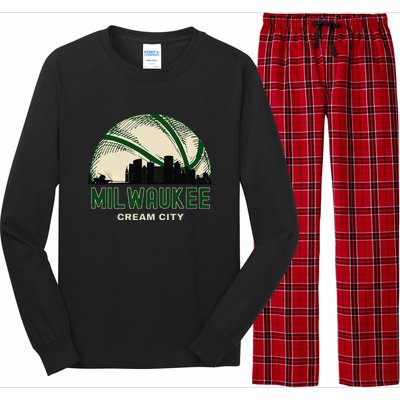 Milwaukee Wisconsin Cream City Skyline Retro Basketball Long Sleeve Pajama Set