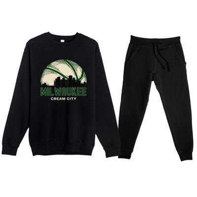 Milwaukee Wisconsin Cream City Skyline Retro Basketball Premium Crewneck Sweatsuit Set