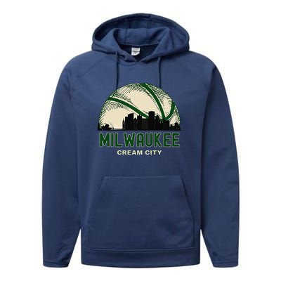 Milwaukee Wisconsin Cream City Skyline Retro Basketball Performance Fleece Hoodie