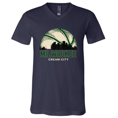 Milwaukee Wisconsin Cream City Skyline Retro Basketball V-Neck T-Shirt