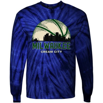 Milwaukee Wisconsin Cream City Skyline Retro Basketball Tie-Dye Long Sleeve Shirt