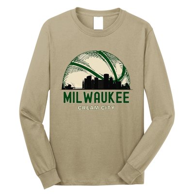 Milwaukee Wisconsin Cream City Skyline Retro Basketball Long Sleeve Shirt