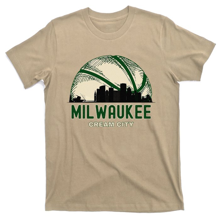 Milwaukee Wisconsin Cream City Skyline Retro Basketball T-Shirt