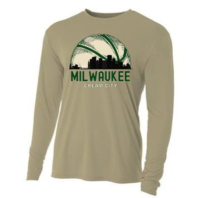 Milwaukee Wisconsin Cream City Skyline Retro Basketball Cooling Performance Long Sleeve Crew