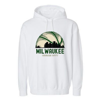 Milwaukee Wisconsin Cream City Skyline Retro Basketball Garment-Dyed Fleece Hoodie