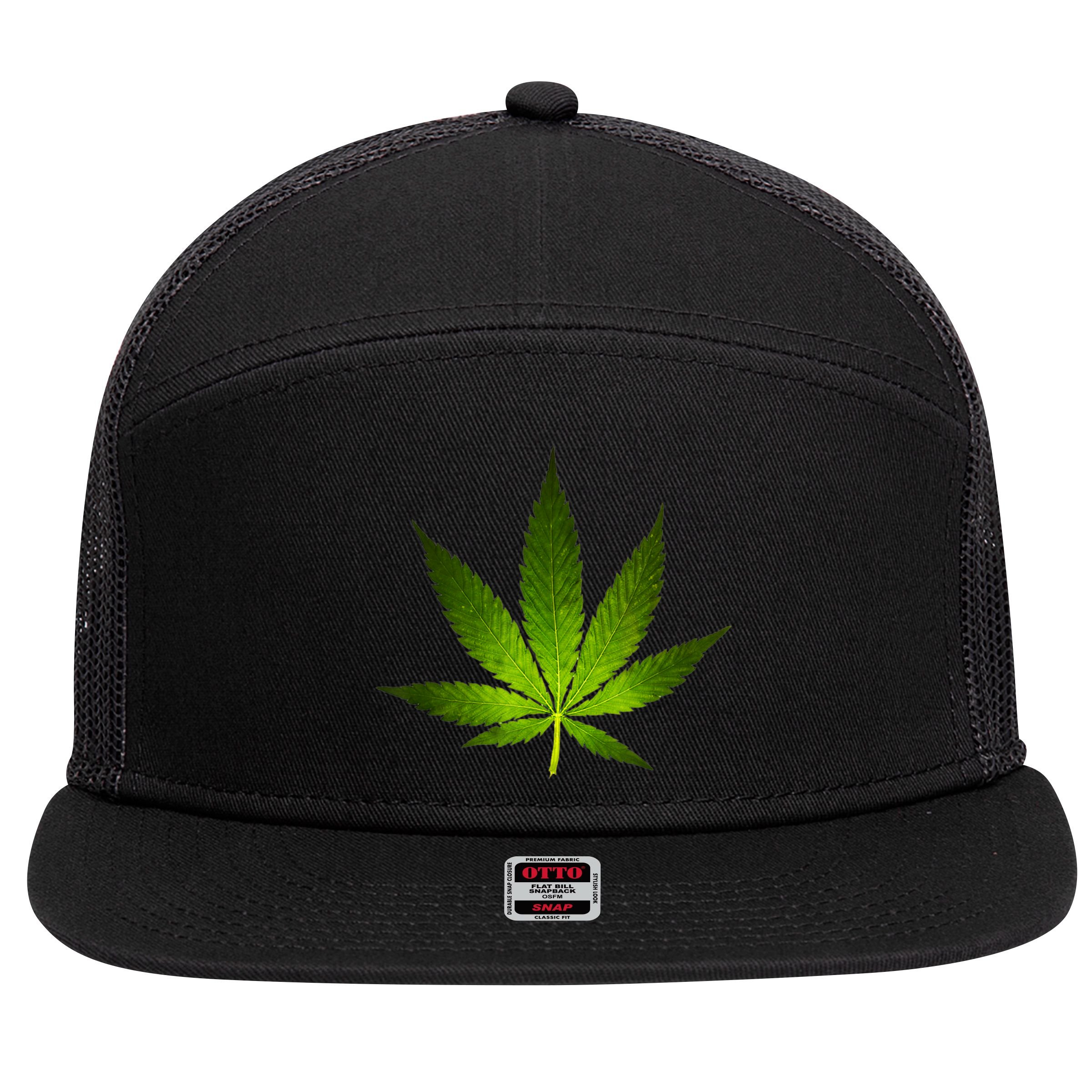 Majestic Weed Cannabis Plant Leaf Silhouette 7 Panel Mesh Trucker Snapback Hat