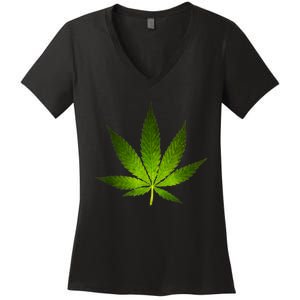 Majestic Weed Cannabis Plant Leaf Silhouette Women's V-Neck T-Shirt