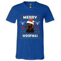 Merry Woofmas Chocolate Lab Santa Claus Dog Christmas Gift V-Neck T-Shirt